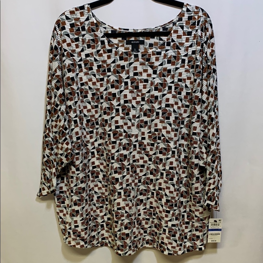 Alfani Brown and Black 3/4 Sleeve Boxy Blouse